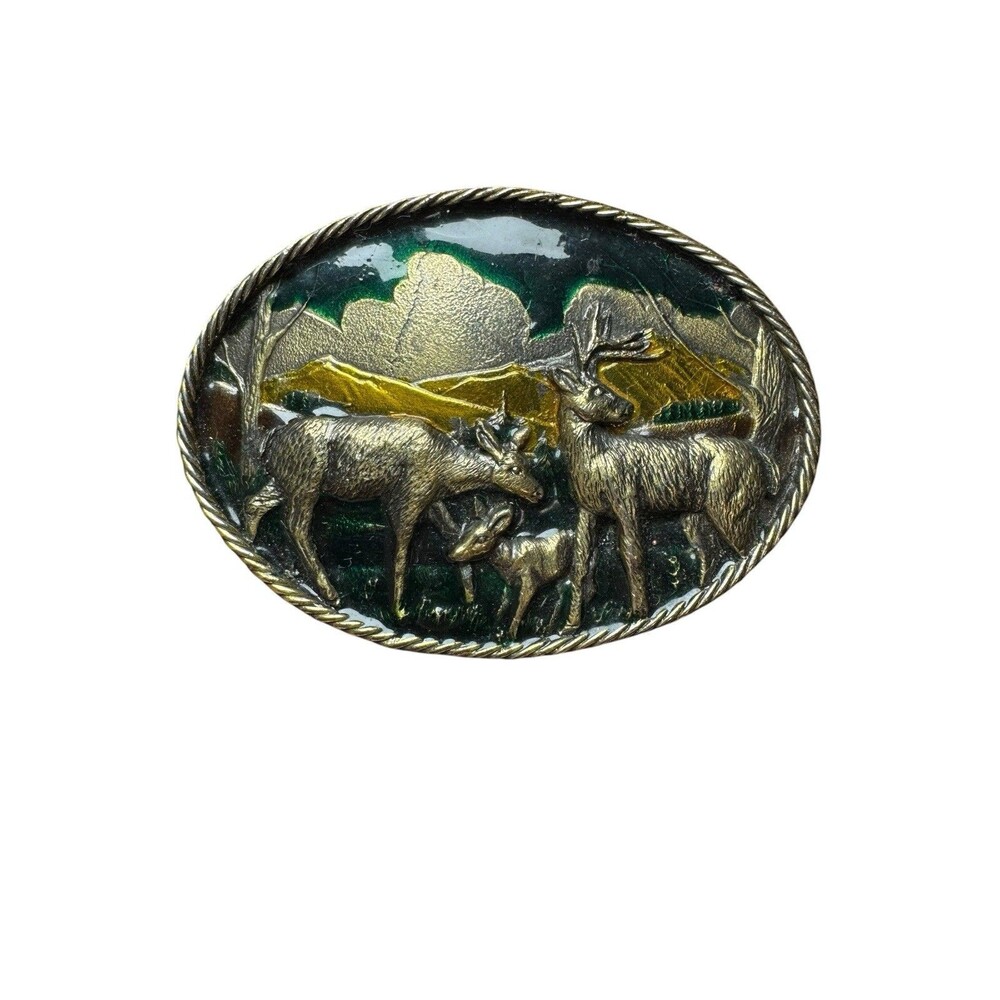Vintage Great American Deer Belt Buckle Buck Doe Fawn Forest Rope Frame Gift